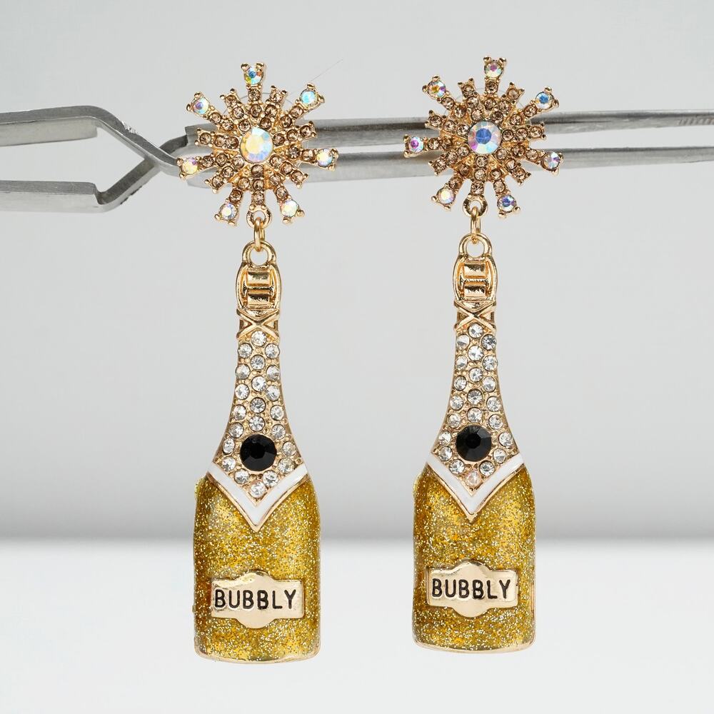 Bubbly Party Bottle Earrings Gold Tone Glitter CZ Champagne Bottle